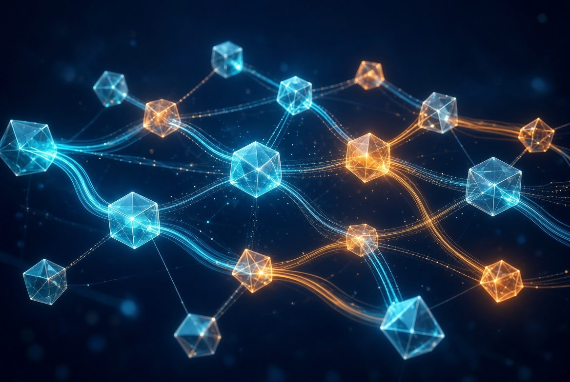 Abstract glowing network of connected tech icons